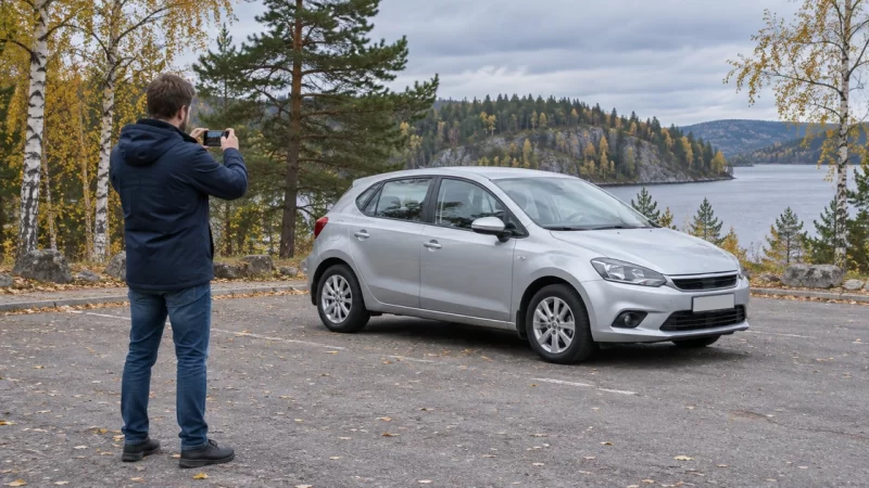 Владелец фотографирует серебристый автомобиль на просторной парковке