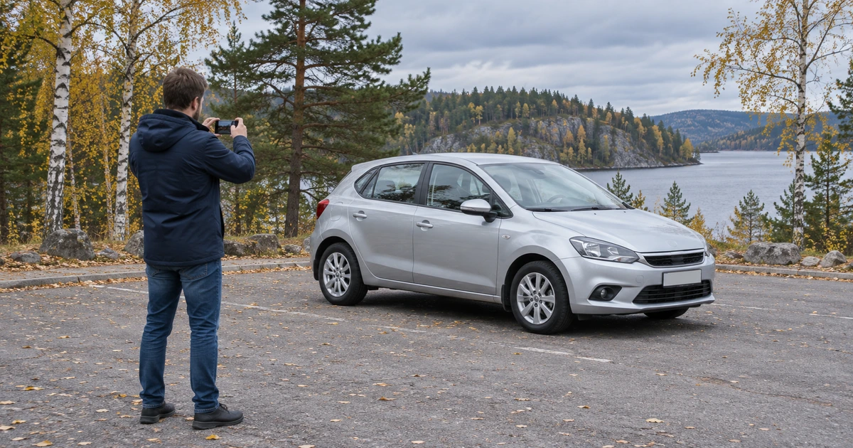 Владелец фотографирует серебристый автомобиль на просторной парковке
