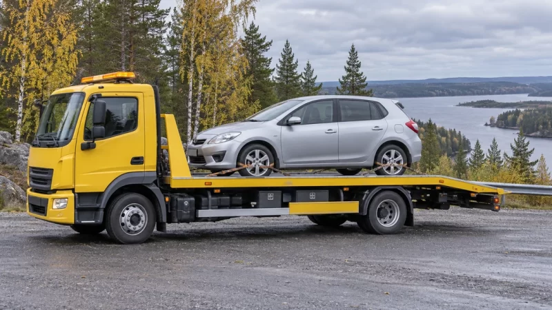 Жёлтый эвакуатор с легковым автомобилем на фоне осеннего леса и озера