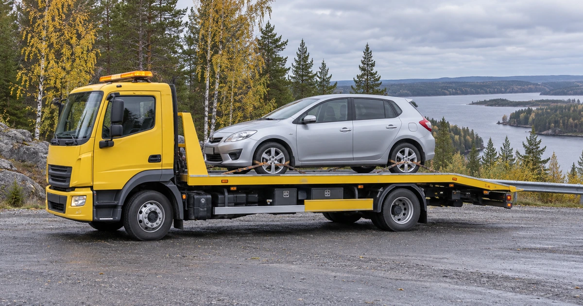 Жёлтый эвакуатор с легковым автомобилем на фоне осеннего леса и озера